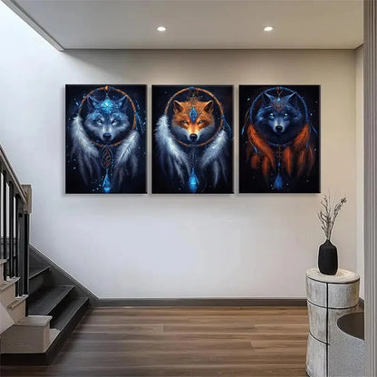 3pcs Mystical Wolf Fox Dreamcatcher Spirit Wall Art Set Canvas Framed 40x60cm - High Quality Print 100% Australian Made Wall Canvas Ready to Hang