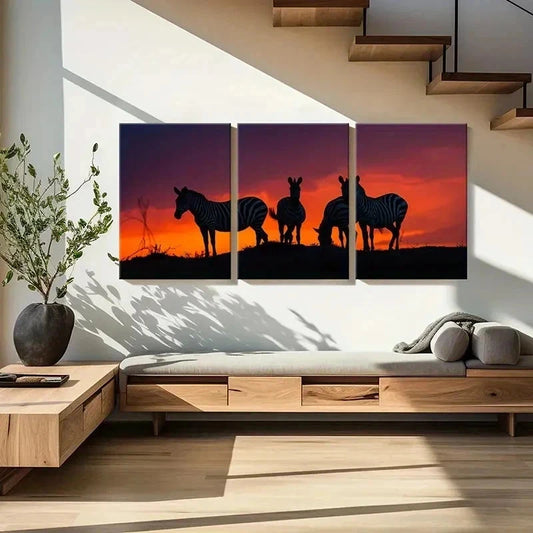3pcs Zebra Herd At Sunset African Savannah Wall Art Set Canvas Framed 40x60cm - High Quality Print 100% Australian Made Wall Canvas Ready to Hang