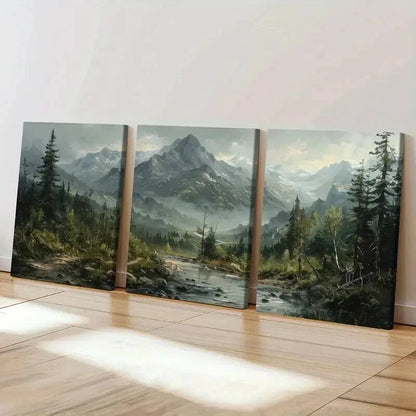 3pcs Mountain Landscape Forest Stream Wall Art Set Canvas Framed 40x60cm - High Quality Print 100% Australian Made Wall Canvas Ready to Hang
