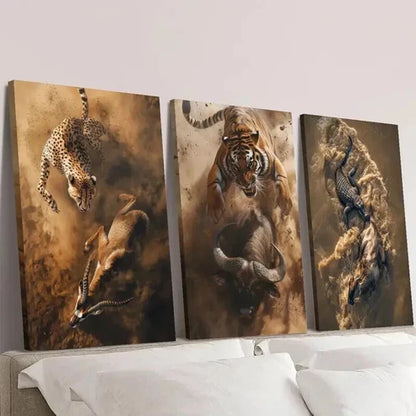 3pcs Cheetah Tiger Crocodile Hunting & Eating Wall Art Set Canvas Unframed - High Quality Print 100% Australian Made Wall Canvas
