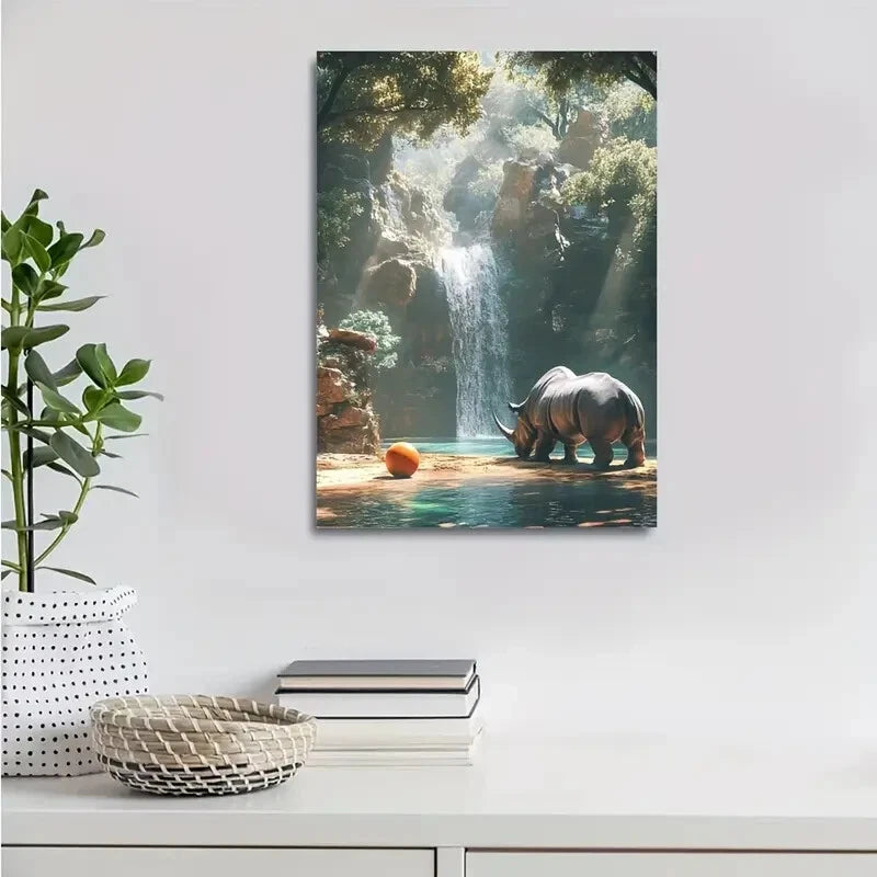 Beautiful Cyberpunk Rhino Playing with Ball Painting 40x60cm Metal Print Ready to Hang
