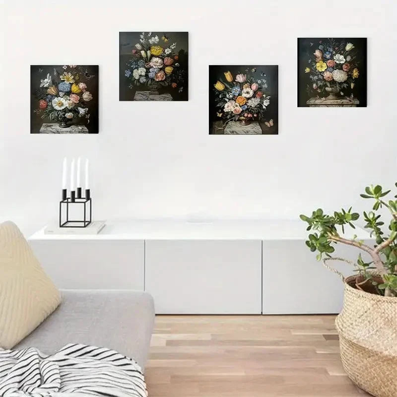 4pcs Flowers With Butterflies Wall Art Canvas Framed