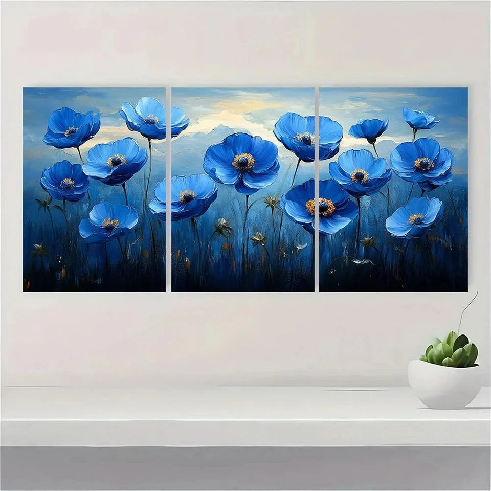 3pcs Modern Abstract Blue Waterflowers Metal Print Ready to Hang Art