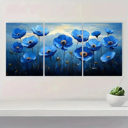 3pcs Modern Abstract Blue Waterflowers Metal Print Ready to Hang Art