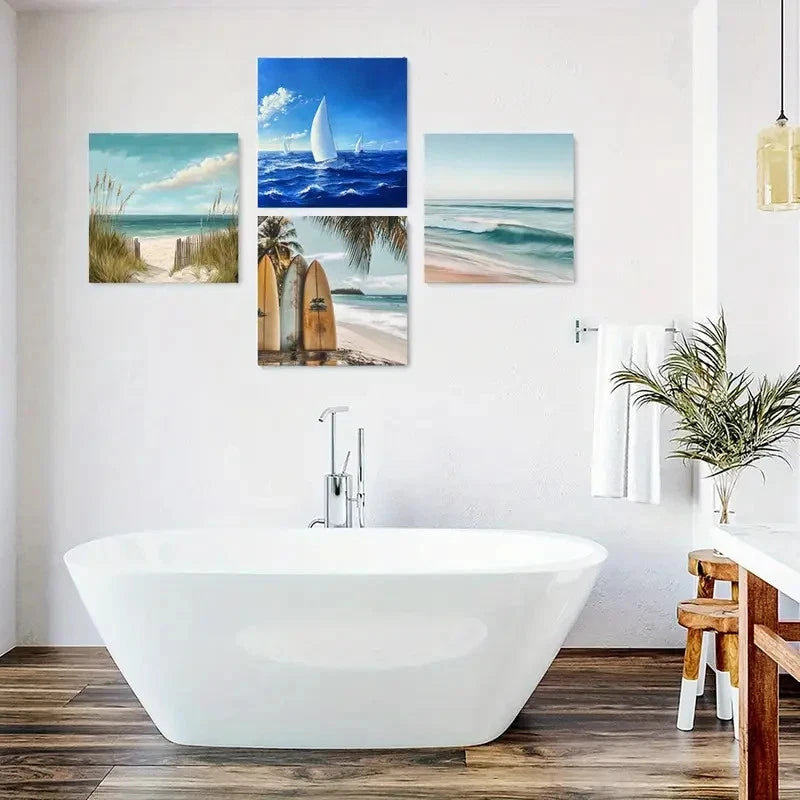 4pcs Surfboard, Sailboat , Sky Wall Art Canvas Framed