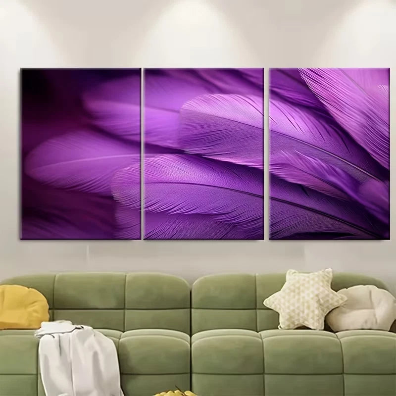 3pcs Purple Feather Close Up Photography Metal Print Ready to Hang Art