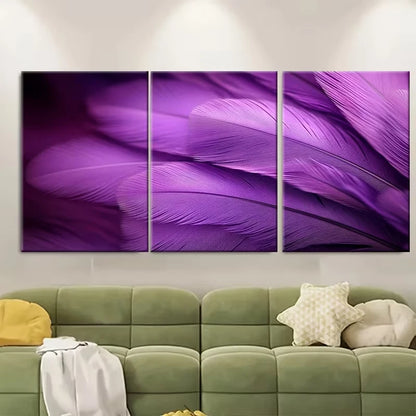 3pcs Purple Feather Close Up Photography Metal Print Ready to Hang Art