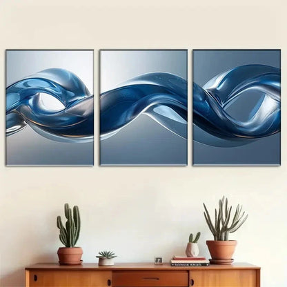 3pcs Set of Abstract Blue Wave Metal Print Ready to Hang Art