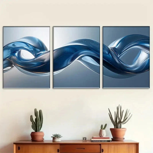 3pcs Set of Abstract Blue Wave Metal Print Ready to Hang Art