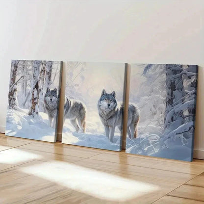 3pcs Winter Wolves Snowy Forest Majestic Wall Art Set Canvas Framed 40x60cm - High Quality Print 100% Australian Made Wall Canvas Ready to Hang