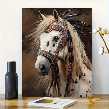 Majestic White Horse with Indian Headdress Long Hair 40x60cm Metal Print Ready to Hang