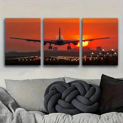 3pcs Sunset Flight Over Cityscape Wall Art Set Canvas Unframed - High Quality Print 100% Australian Made Wall Canvas