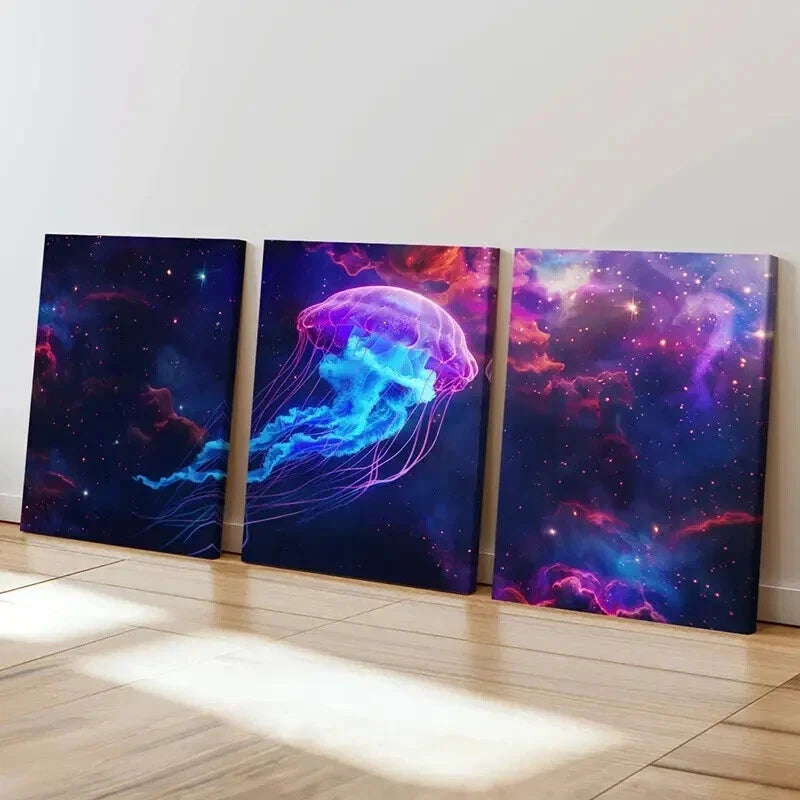 3pcs Vibrant Neon Jellyfish & Cosmic Wall Art Set Canvas Framed 40x60cm - High Quality Print 100% Australian Made Wall Canvas Ready to Hang