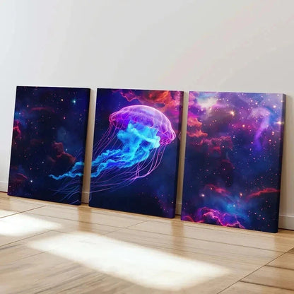 3pcs Vibrant Neon Jellyfish & Cosmic Wall Art Set Canvas Framed 40x60cm - High Quality Print 100% Australian Made Wall Canvas Ready to Hang