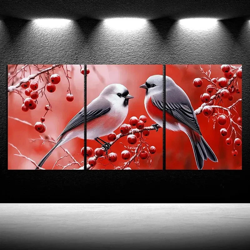 3pcs Birds on Blackberry Flowers Metal Print Ready to Hang Art
