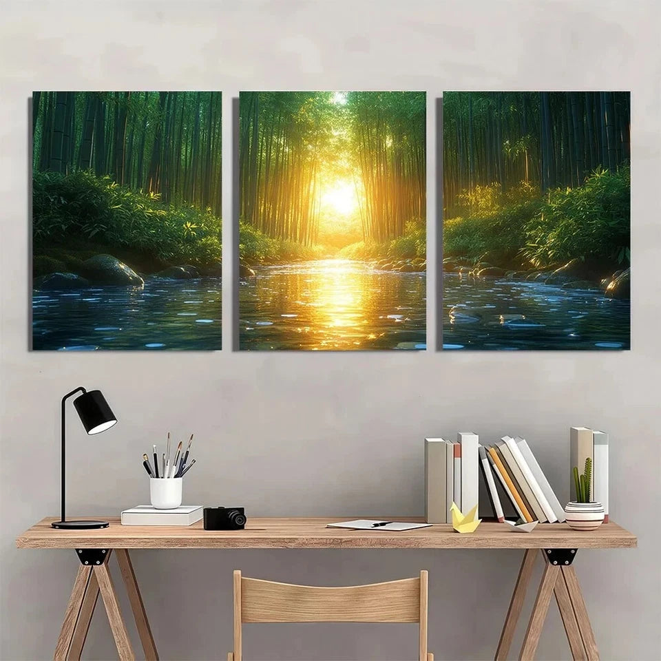3pcs Serene Bamboo Forest Ethereal Light Metal Print Ready to Hang Art