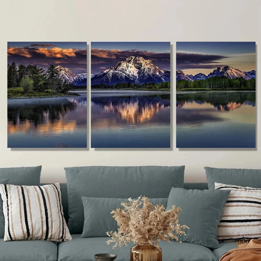 3pcs Mountain Lake Sunset Sky & Calm Blue Waters Metal Print Ready to Hang Art