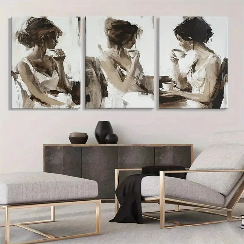 3pcs Elegant Woman Drinking Coffee Perfect Wall Art Set Canvas Framed 40x60cm - High Quality Print 100% Australian Made Wall Canvas Ready to Hang
