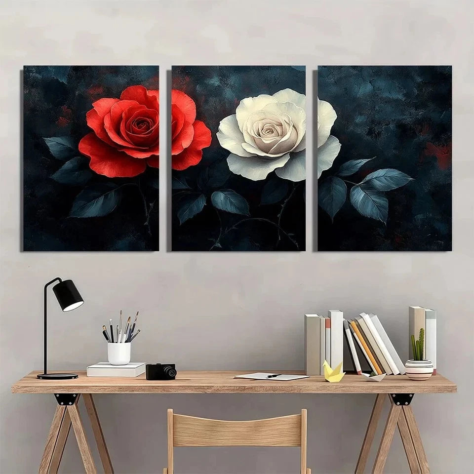 3pcs Vintage Red & White Roses Gray Leaves Metal Print Ready to Hang Art