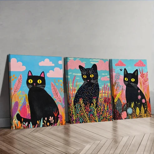 3pcs A black cat Wall Art Canvas Unframed - High Quality Print 100% Australian Made Wall Canvas