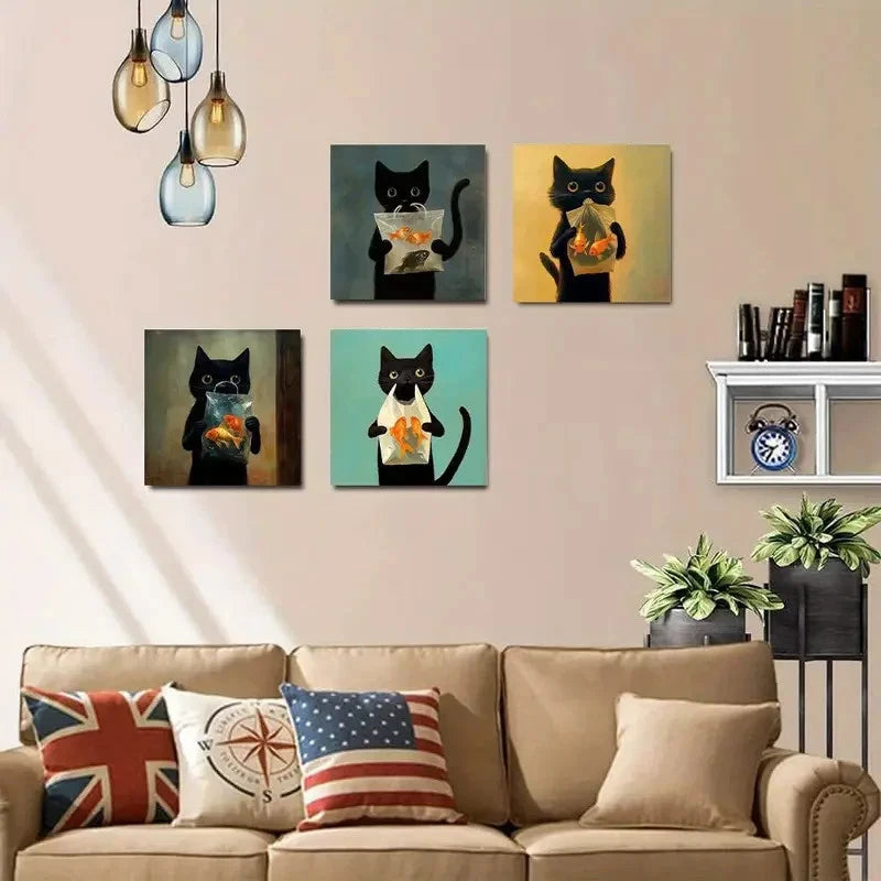 4pcs Painting Funny Black Cat Holding Fish Wall Art Canvas Framed