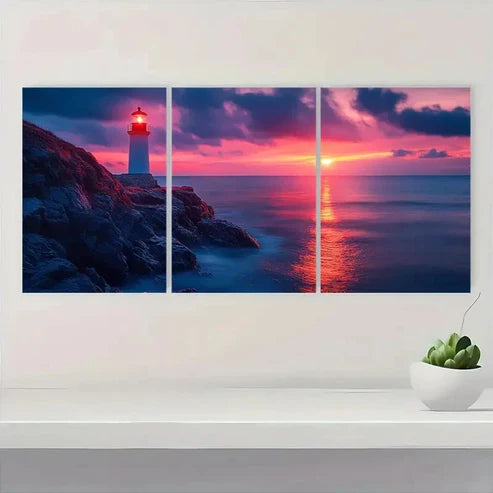 3pcs Tranquil Beacon Lighthouse F  Wall Art Set Canvas Unframed - High Quality Print 100% Australian Made Wall Canvas - Bella Home Decor