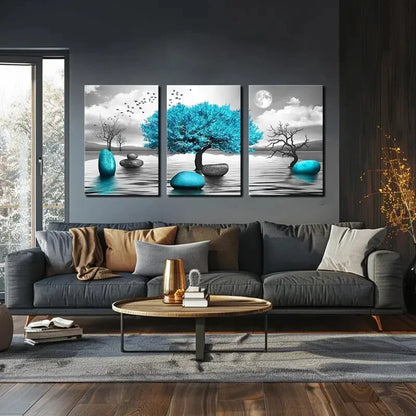 3pcs Abstract Teal Blue Tree of Life and Stones Metal Print Ready to Hang Art