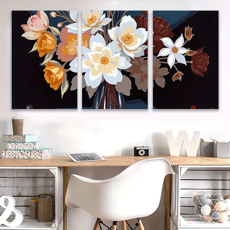 3pcs Eternal Elegance White and Amber Flowers Wall Art Set Canvas Framed 50x70cm - High Quality Print 100% Australian Made Wall Canvas Ready to Hang