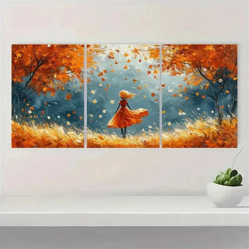 3pcs Falling Leaves Girl Fine Art Print E Wall Art Set Canvas Unframed - High Quality Print 100% Australian Made Wall Canvas