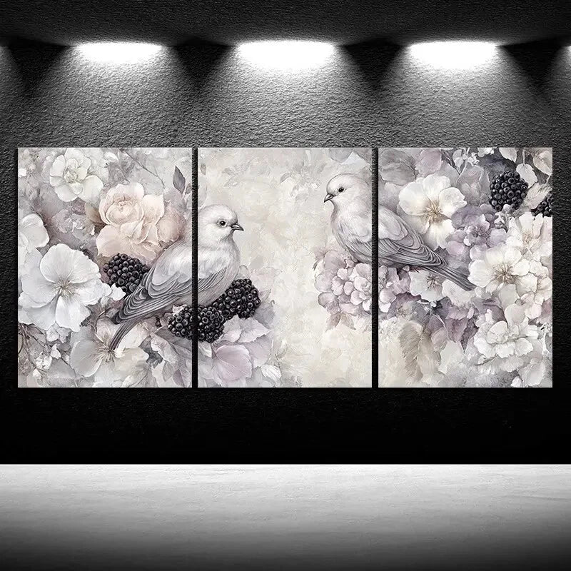 3pcs Birds on Blackberry Flowers Beautiful Metal Print Ready to Hang Art