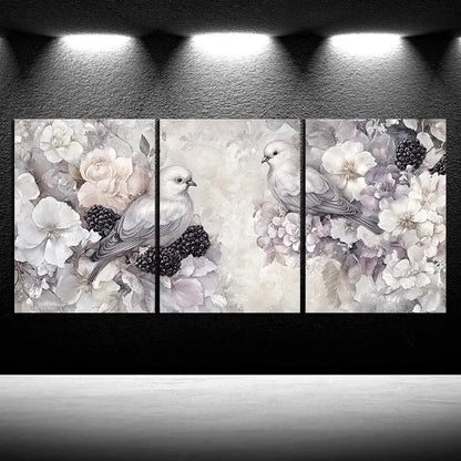 3pcs Birds on Blackberry Flowers Beautiful Metal Print Ready to Hang Art