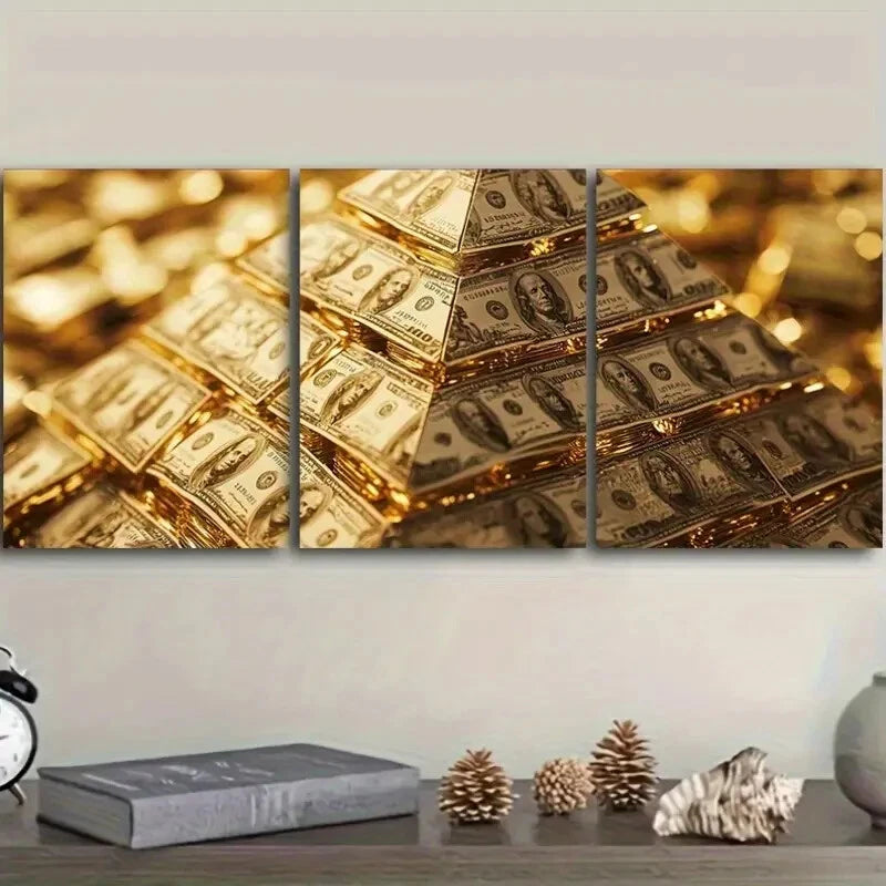 3pcs Golden Miniature Pyramid Golden Metal Print Ready to Hang Art