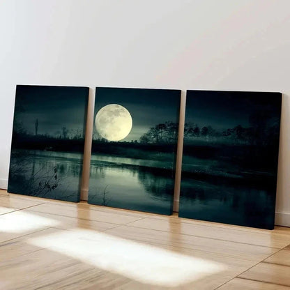 3pcs Full Moon at Night Scene Decoration Wall Art Set Canvas Framed 60x90cm - High Quality Print 100% Australian Made Wall Canvas Ready to Hang