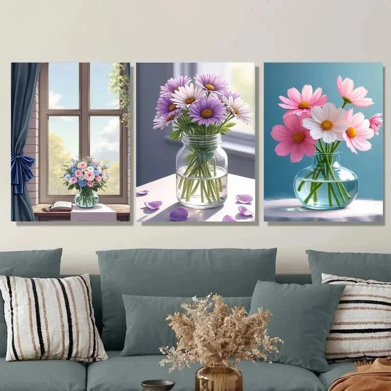 3pcs Floral Bouquet Vibrant Flowers in Vases Wall Art Set Canvas Framed 50x70cm - High Quality Print 100% Australian Made Wall Canvas Ready to Hang