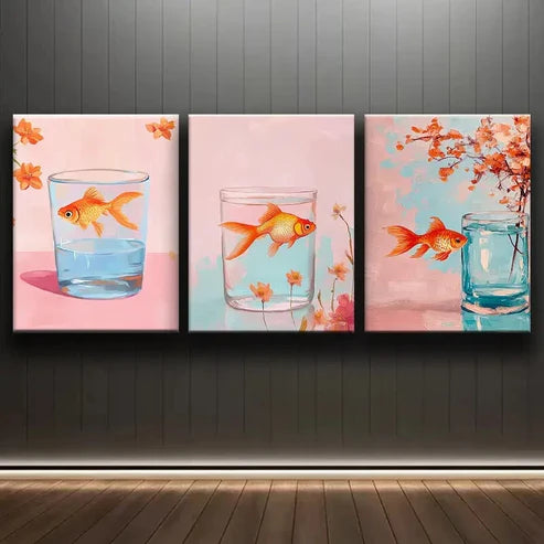 3pcs Colorful Goldfish in Glass Tank Perfect Wall Art Set Canvas Unframed - High Quality Print 100% Australian Made Wall Canvas