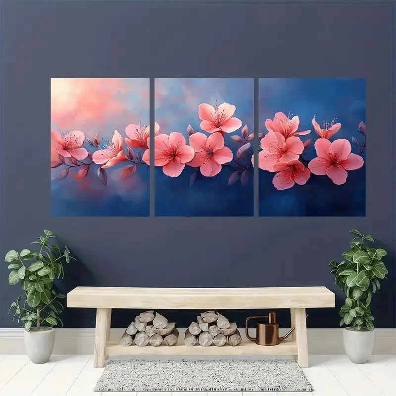 3pcs Delicate Pink Flowers and Green Leaves Metal Print Ready to Hang Art