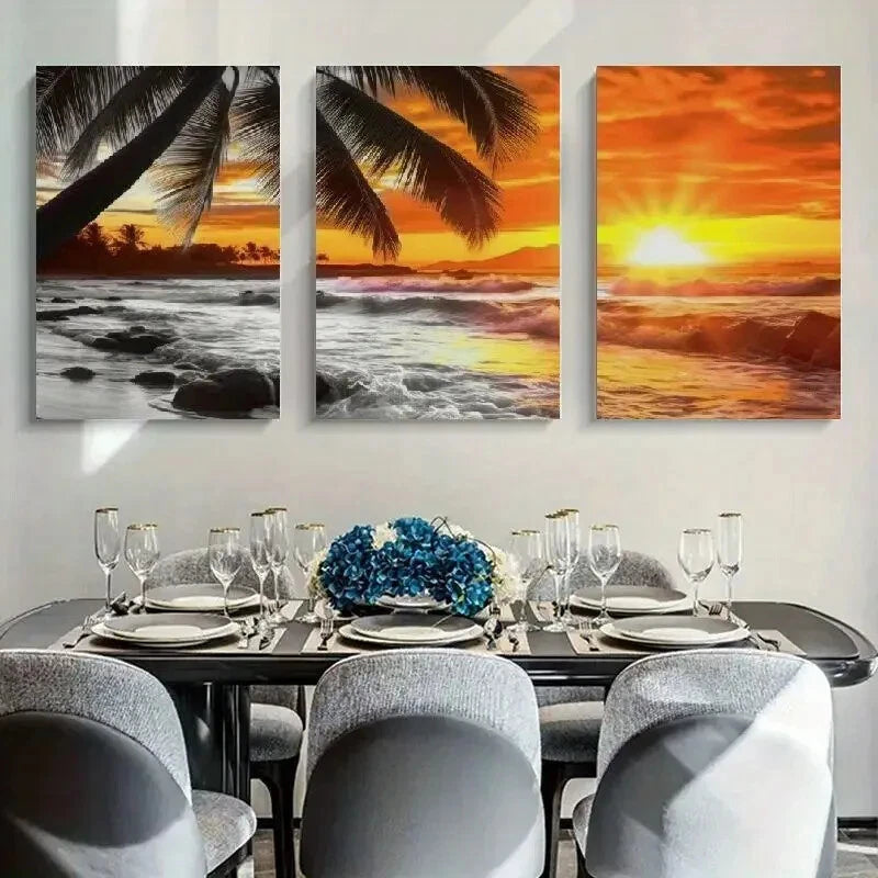 3pcs Tropical Beach Scene with Recycled Pine Metal Print Ready to Hang Art
