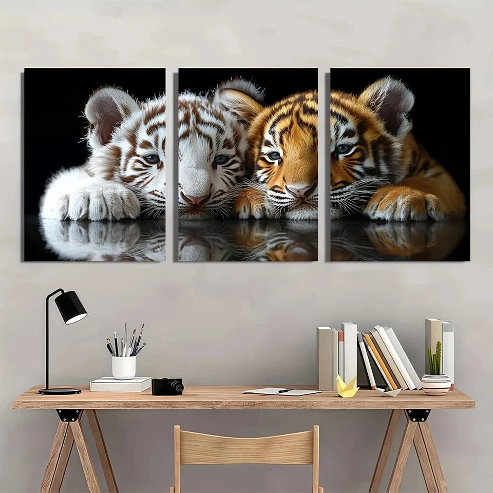 3pcs White Tiger and Cub Animal Family Themed Metal Print Ready to Hang Art