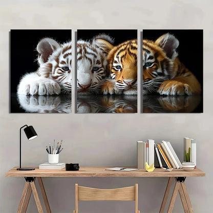 3pcs White Tiger and Cub Animal Family Themed Metal Print Ready to Hang Art