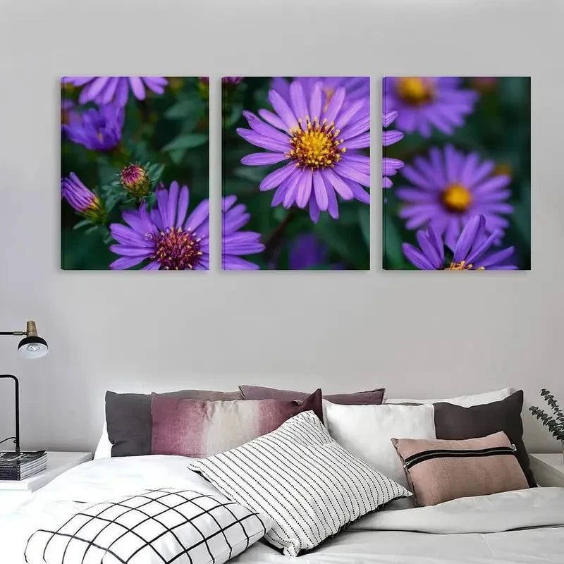 3pcs Bunch of Purple Asters with Yellow Wall Art Set Canvas Framed 40x60cm - High Quality Print 100% Australian Made Wall Canvas Ready to Hang