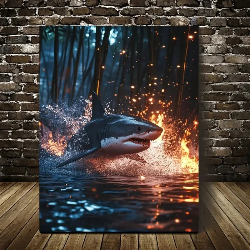 Shark Splashing in Bamboo Grove with Glowing 40x60cm Metal Print Ready to Hang