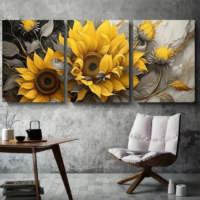 3pcs Yellow Sunflower Painting Metal Print Ready to Hang Art