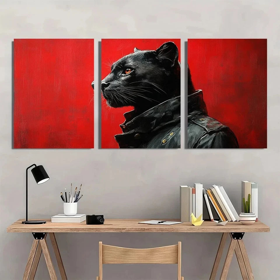 3pcs Modern Black Panther Vibrant Red Metal Print Ready to Hang Art