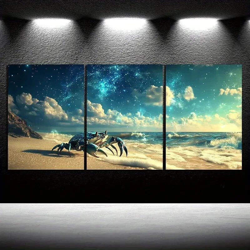 3pcs Crabs on The Beach White Clouds Metal Print Ready to Hang Art