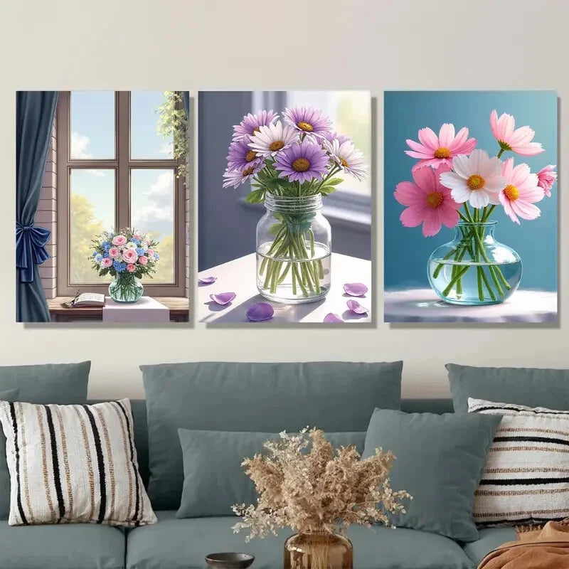3pcs Vibrant Flowers in Vases Floral Bouquet Metal Print Ready to Hang Art