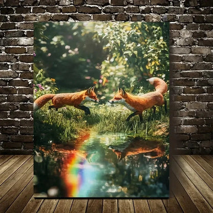 Reative Scene of Fox Chasing Each Painting  40x60cm Metal Print Ready to Hang