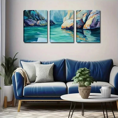 3pcs Vibrant Blue Water Rocks Design Perfect Wall Art Canvas Unframed - High Quality Print 100% Australian Made Wall Canvas