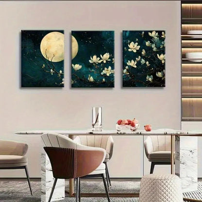 3pcs Elegant Dark Teal & Golden Floral Metal Print Ready to Hang Art