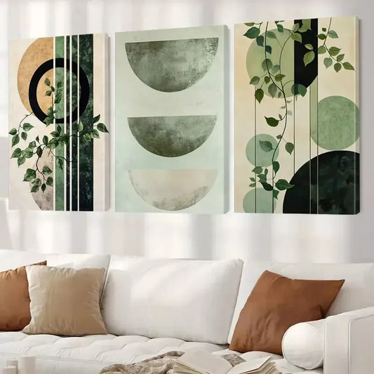 3pcs Abstract Shapes Water Color Painting In Shades Of Green Canvas Framed 40x60cm - High Quality Print 100% Australian Made Wall Canvas Ready to Hang