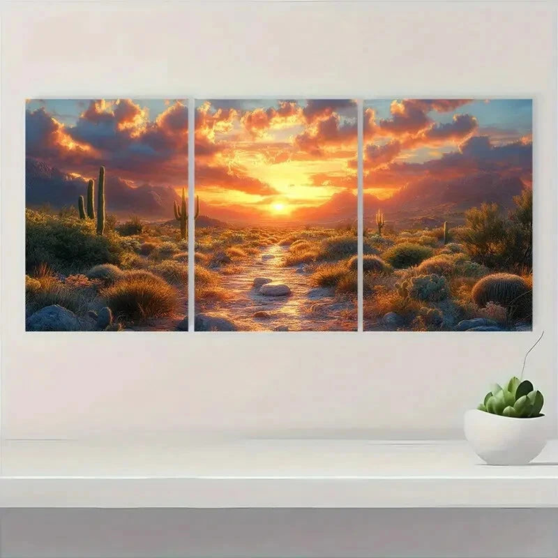 3pcs Desert Sunset Landscape with Cacti Metal Print Ready to Hang Art